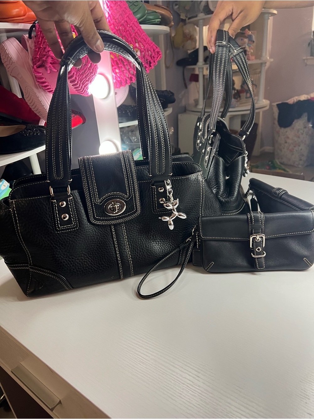 Coach Black Hampton Pebbled Leather Bag with Black Wallet
